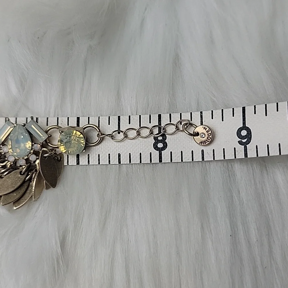 HALOGEN Opalescent Iridescent Glass Brass Tone Leaf Tassel Boho Fashion Bracelet
